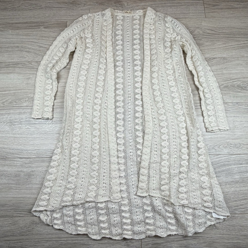Hollister Crochet Long Duster Cardigan‎ Cream Boho Festival Lightweight XS